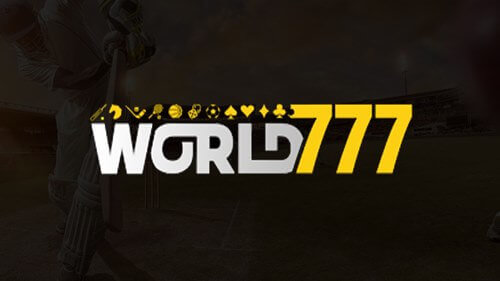 Logo, World777, white text on black background